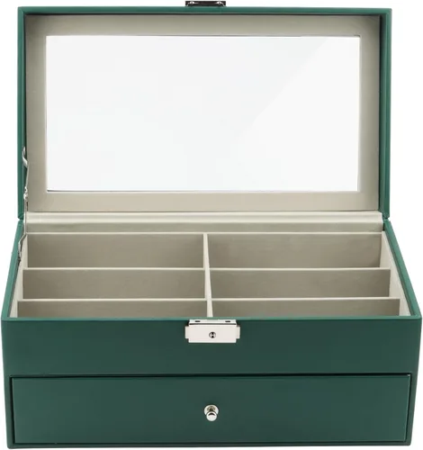 Vista 5 de Organizador de almacenamiento de lentes de sol de 12 ranuras, de doble capa, de cuero, con cerradura, caja de almacenamiento con cajón para mujeres