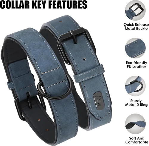 Vista 3 de Didog Collar de Perro de Cuero PU Suave Acolchado, Transpirable y Ajustable Collares para Perros Pequeños, Cómodo para Caminata Diaria, Azul, M