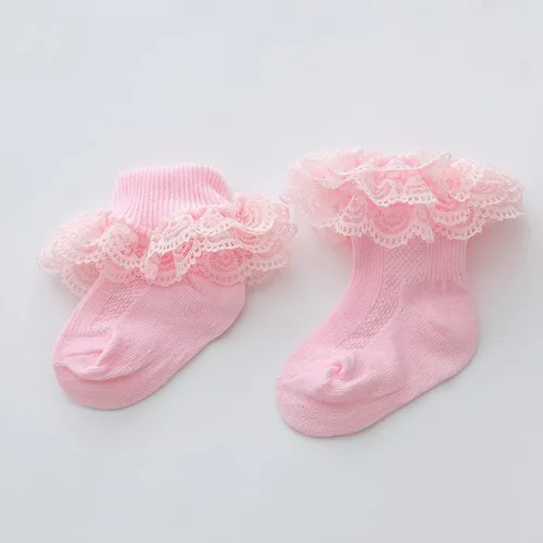 Vista 4 de Calcetines de encaje con volantes para recién nacidos, para niñas pequeñas