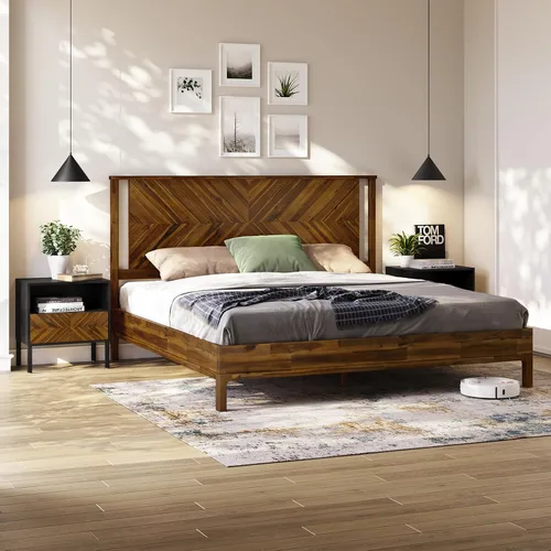 Vista 9 de Bme Vivian Mesas auxiliares para dormitorio, mesa de noche de madera maciza, mesa auxiliar moderna de mediados de siglo con cajón, patrón de espiga