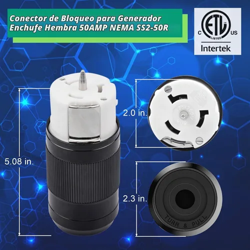 Vista 2 de Conector de Generador Sintron 50 Amp NEMA SS2-50R, Conector Marino de Orilla de 4 Clavos de Hoja Recta para EE. UU./Canadá, Puesta a Tierra de 3