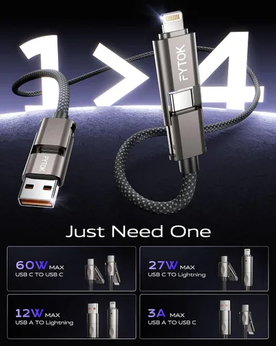Vista 2 de Cable USB C de carga rápida de 60 W para iPhone de 3 pies, [certificado Apple MFi] USB a USBC a Lightning, cable de carga 4 en 1 con tipo C/USB A