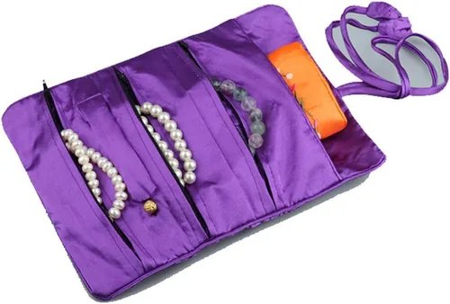 Vista 4 de Bolsa organizadora de joyas de seda oriental, estuche de almacenamiento de viaje, color rosa intenso