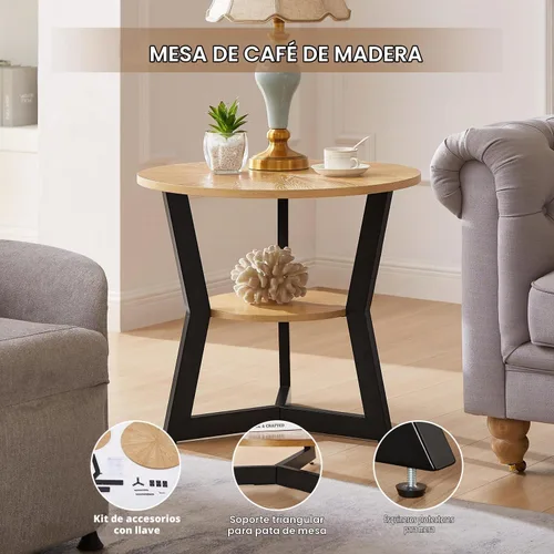 Vista 5 de Mesa auxiliar, mesa auxiliar redonda de madera para sala de estar con mesa de 2 niveles con estante de almacenamiento, diseño de soporte triangular