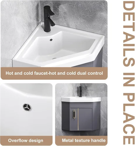 Vista 7 de Armario de tocador de baño de esquina con fregadero y armario con espejo LED, mueble de tocador de esquina con lavabo, armario de lavabo de baño