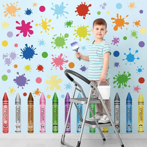 Vista 4 de 10 hojas creativas de colores de crayones de pared, calcomanías de acuarela con tinta, puntos, calcomanías de pared, calcomanías de pared