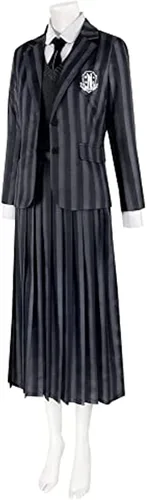 Vista 6 de Disfraz de Addams de New Wednesday 2023 para mujer, uniforme escolar a rayas, suéter de cinco piezas, traje de cosplay, carnaval, accesorios