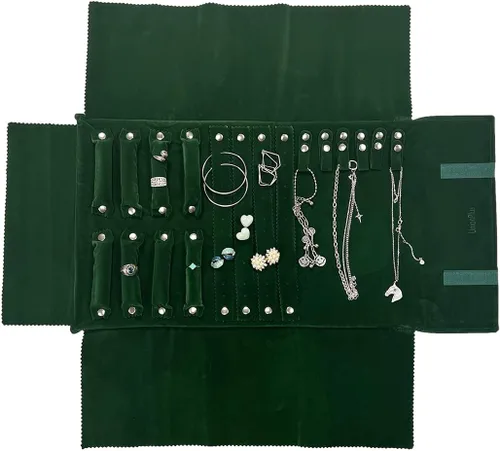 Vista 10 de UnionPlus - Estuche de terciopelo para joyería de viaje, bolsa enrollable para collares, pulseras, gran organizador de joyas para viajes, multi Beige