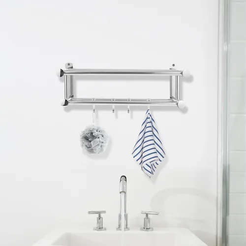 Vista 8 de OSALADI Toallero de baño con,Toallero de baño doble con estante, Toallero doble montado en la pared con estante Estante de baño de hotel de acero