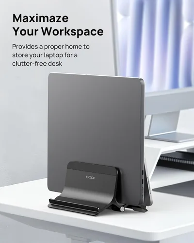 Vista 2 de Soporte vertical para laptop SODI para escritorio compatible con MacBook Air, soporte para MacBook Pro vertical de aluminio hasta 17 pulgadas