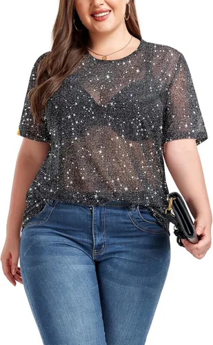 Vista 4 de ForHailey Blusa de manga corta transparente de malla para mujer, talla grande