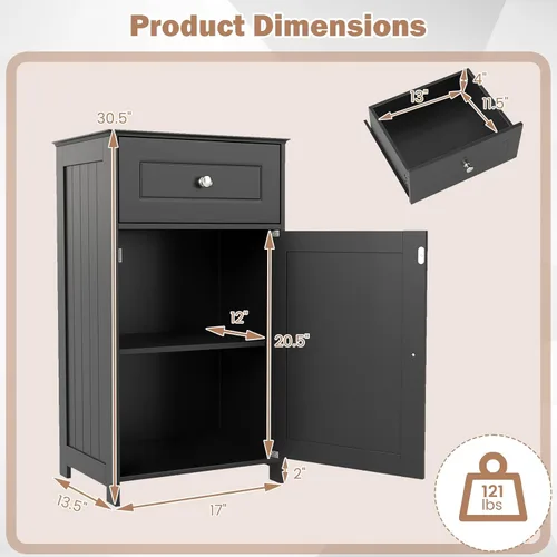 Vista 3 de GLACER Armario de suelo de baño, gabinete de almacenamiento lateral de una sola puerta con cajón, organizador de almacenamiento de madera para baño