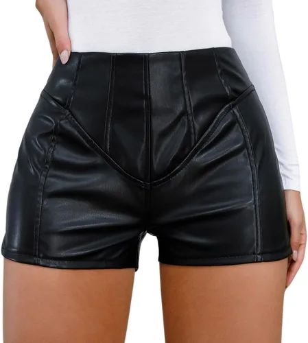 Vista 3 de Tulucky Pantalones cortos casuales de piel sintética para mujer, de cintura alta, flexibles, para club, fiesta, discoteca