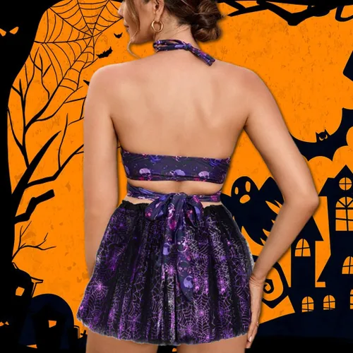 Vista 3 de Dmaiy Falda tutú de Halloween para mujer, tutú de tul para adultos, faldas elásticas de baile en capas para disfraz de Pascua, actuación, cosplay
