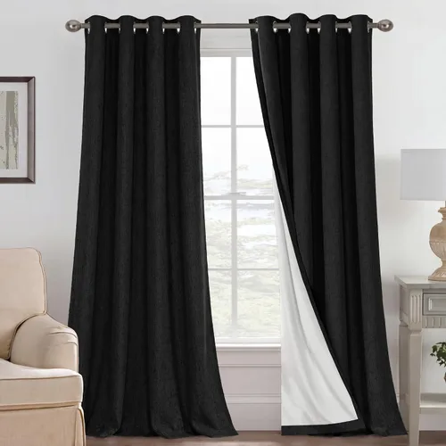 Vista 146 de H.VERSAILTEX Cortinas 100% opacas con aislamiento térmico, texturizadas, de lino, con bloqueo completo de calor y luz, para sala de estar y Negro