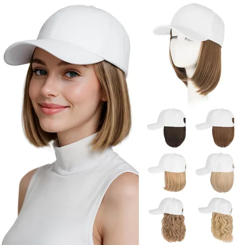 Vista 34 de Hairro Peluca de gorra de béisbol con cabello adjunto, corto estilo Bob ajustable, extensiones de cabello sintético para mujeres, balayage