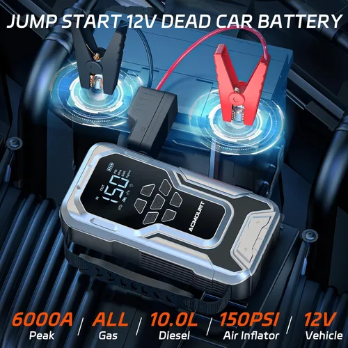 Vista 9 de Acmount D18 Arrancador de salto con compresor de aire, batería de coche de 6000 A arrancador portátil (todo gasolina/10.0L diesel), bomba de aire