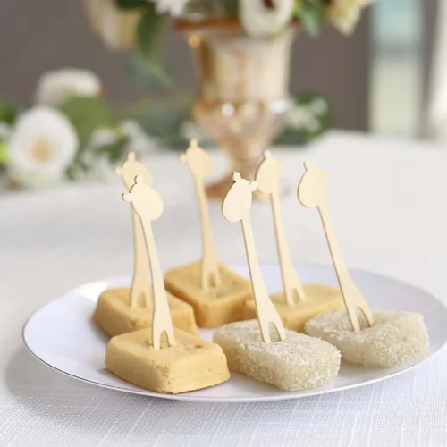 Vista 5 de Efavormart - Paquete de 100 mini tenedores de bambú biodegradables naturales de jirafa, de doble punta, ecológicos, suministros desechables