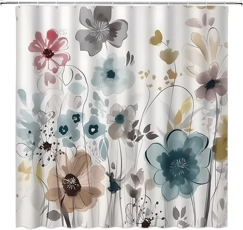Vista 2 de Cortina de ducha floral azul gris acuarela flor rústico bohemio plantas botánicas flores silvestres casa de campo tela decoración de baño cortina