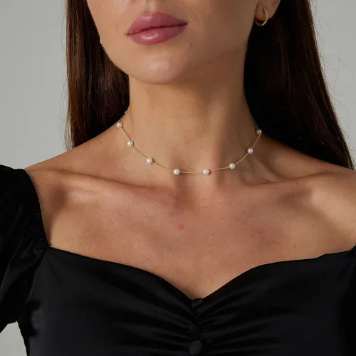 Vista 2 de Delicado collar con colgante de perlas para mujer, chapado en oro de 14 quilates, elegante collar de perlas de agua dulce, collar de perlas con clip