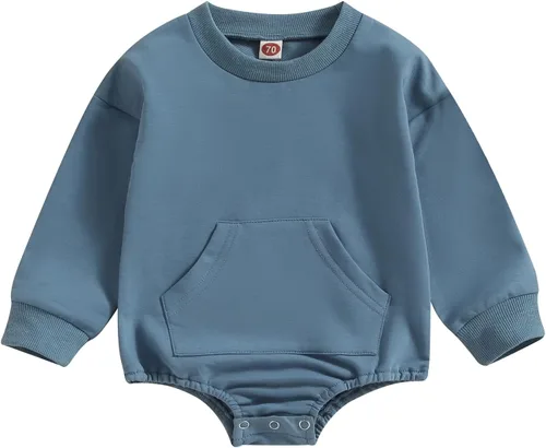 Vista 15 de Mameluco de manga larga con bloques de color para bebé, niño, niña, con bolsillo, cuello redondo, sudadera básica para otoño e invierno