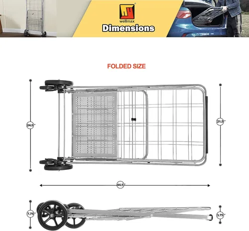 Vista 4 de Wellmax Carrito de comestibles plegable con ruedas, carrito utilitario de metal resistente con parte inferior de malla, cesta trasera adicional