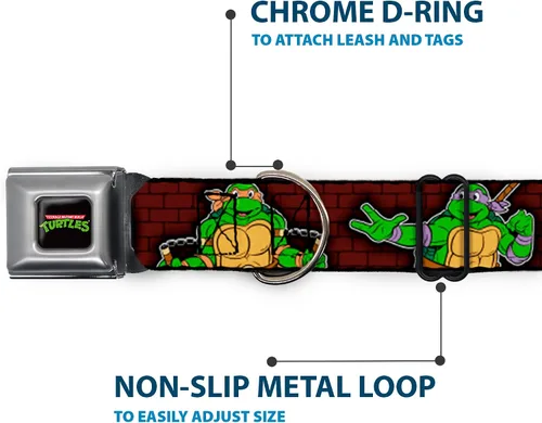 Vista 5 de Buckle-Down Collar de perro con hebilla de cinturón de seguridad, posturas clásicas de batalla TMNT/pose grupal, 7, 1 pulgada de ancho, se adapta a