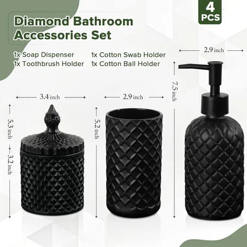 Vista 2 de RYTOXILO Juego de accesorios de baño negro mate, paquete de 4 juegos de accesorios de baño negros, dispensador de jabón de vidrio de diamante