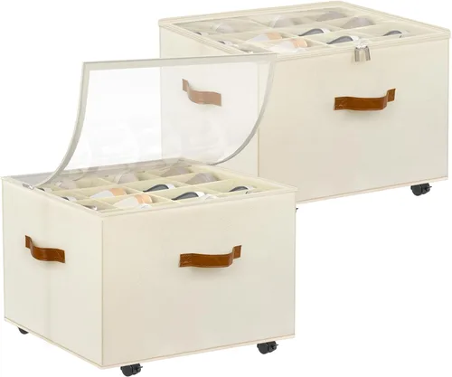 Vista 14 de Foyego Organizador de zapatos para armario, organizador de zapatos con ruedas y divisores ajustables, caja de almacenamiento de zapatos apilable
