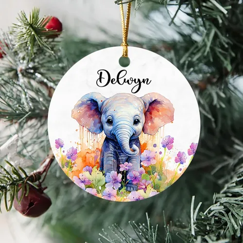Vista 4 de Adorno de elefante de Navidad 2025, lindo adorno de elefante personalizado para árbol de Navidad, adornos de elefantes florales para bebés, regalos