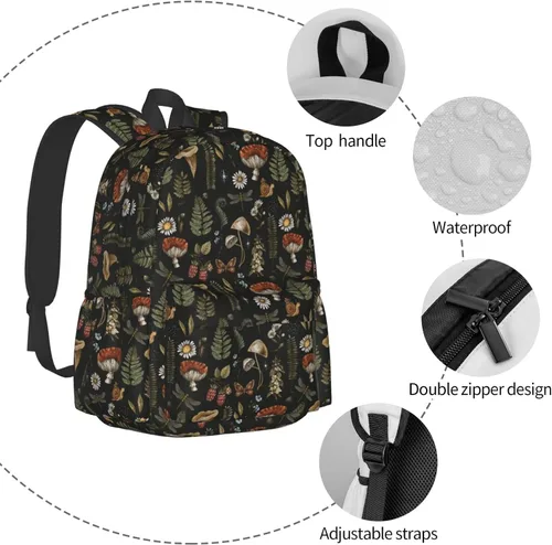 Vista 5 de SUPLUCHOM Mochila escolar vintage con hojas mágicas de hongos y bosques, mochila casual para hombres y mujeres, bolsa de poliéster para laptop