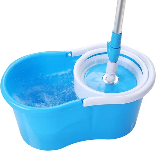 Vista 3 de Sistema de limpieza de piso de fregona, cabezal giratorio de 360 grados, ultratrapeador elástico, juego de cubos, azul, cabezal de microfibra, mango