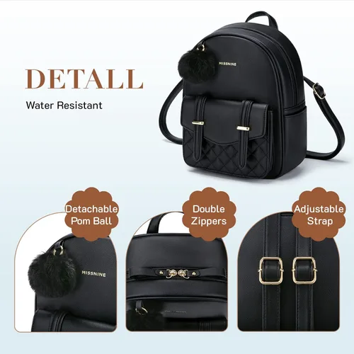 Vista 5 de Missnine Mini mochila para mujer, bonita mochila pequeña con pompón, de piel sintética, mini mochilas casuales para damas, 1-negro, Casual Chic