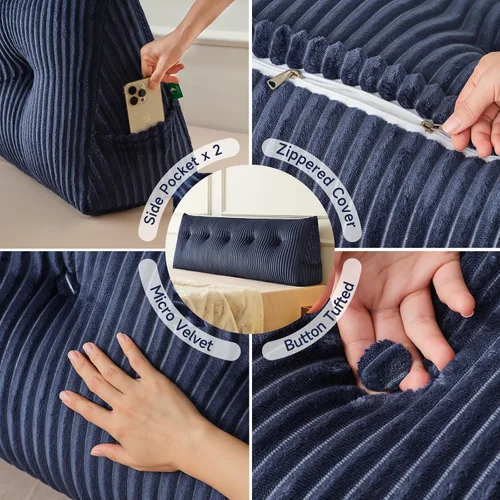 Vista 5 de Z-hom Almohada grande para cabecero tamaño Queen, almohada sin enrollamiento, almohada de cuña para sentarse en la cama, cojín triangular con Azul