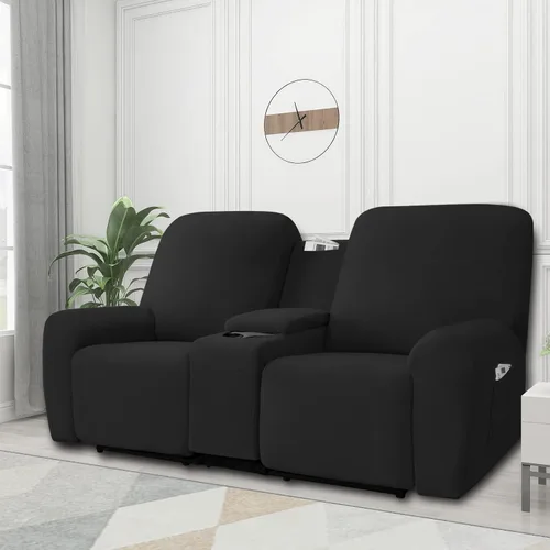Vista 2 de Easy-Going - Funda elástica para sofá reclinable biplaza con consola central, cubierta suave de vellón ajustada, 2 asientos, con soporte y Negro