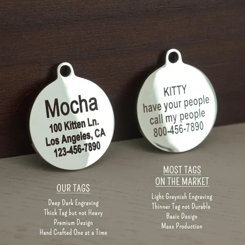 Vista 4 de Ultra Joys Etiquetas de nombre de gato grabadas personalizadas – Etiqueta de identificación de mascotas de acero inoxidable – Etiquetas