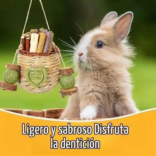 Vista 4 de Jorewood Juguetes masticables para conejos, cesta colgante natural con bambú dulce, heno Timothy, palitos de melocotón para conejos, chinchillas