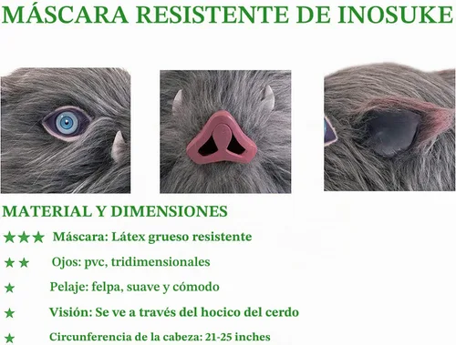 Vista 5 de Máscara Inosuke, máscara de jabalí demonio, cabeza completa, color gris