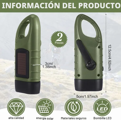 Vista 2 de Leelosp Linterna de manivela de mano de 2 piezas, linterna solar para emergencias, dínamo, recargable, luz de supervivencia LED para deportes al
