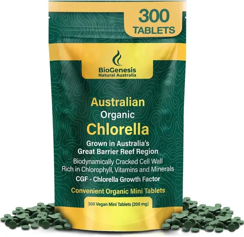 Vista 9 de Biogenesis Tabletas orgánicas de Chlorella – 300 unidades (500 mg) bayas mixtas Cultivado en Australia Pared celular agrietada BioDynamic Rico