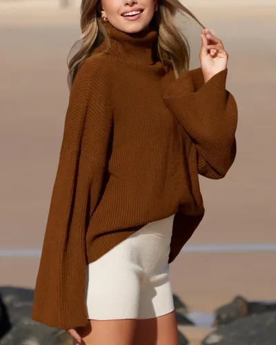 Vista 4 de BTFBM Suéteres de cuello alto para mujer, 2023, otoño, invierno, acampanados, de manga larga, holgados, de punto acanalado, de gran