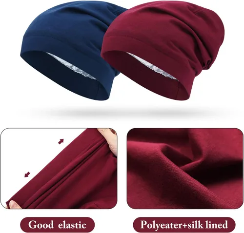 Vista 31 de 4 Pieces Satin Lined Beanie Cap Satin Sleep Lined Hat Slouchy Beanie Hat Night Silk Hair Cap for Women Men