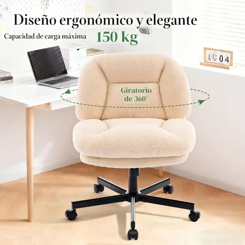 Vista 7 de Silla cruzada gruesa, acolchada, ergonómica, con patas cruzadas, con ruedas, silla giratoria sin brazos, altura ajustable para computadora