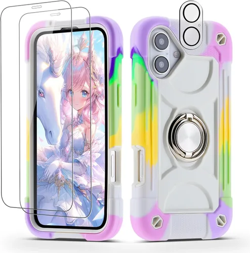 Vista 35 de Funda para iPhone 11 de 6.1 pulgadas con soporte de anillo, con 2 protectores de pantalla de vidrio, resistente a los golpes, resistente a