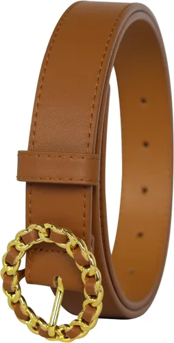 Vista 101 de Cinturón de cuero clásico con hebilla de metal para mujer con vestido de jeans