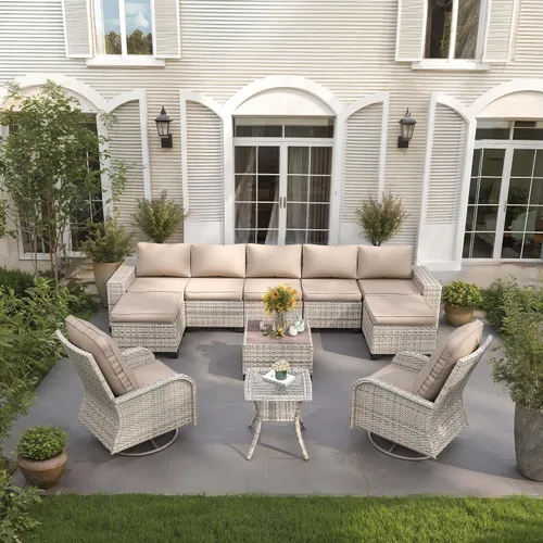 Vista 43 de Muebles de patio al aire libre conjunto PE mimbre ratán al aire libre sofá seccional Gris