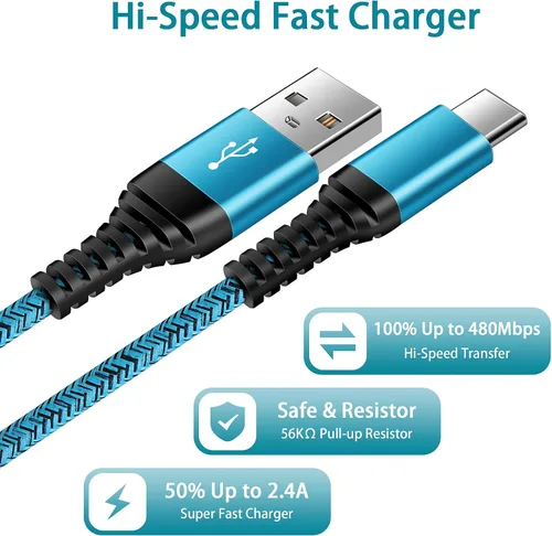 Vista 4 de Cable USB C de carga rápida tipo C de 6 pies, paquete de 5 cables de carga de nailon para Samsung Galaxy S26 A17 A16 5G A12 A32 A52 S23 S22 S21 A14