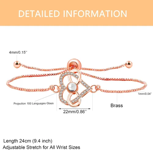 Vista 3 de Pulsera ajustable de cadena de plata/oro rosa, 4 dijes de corazón diferentes en 100 idiomas con texto en inglés "Say I Love You", pulsera