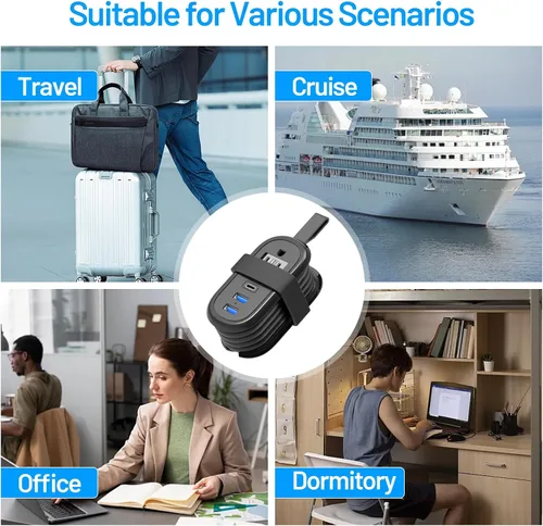 Vista 7 de BEVA Regleta de alimentación de viaje con puertos USB C, cable de extensión de 4 pies, 2 tomacorrientes, 3 puertos USB, artículos esenciales
