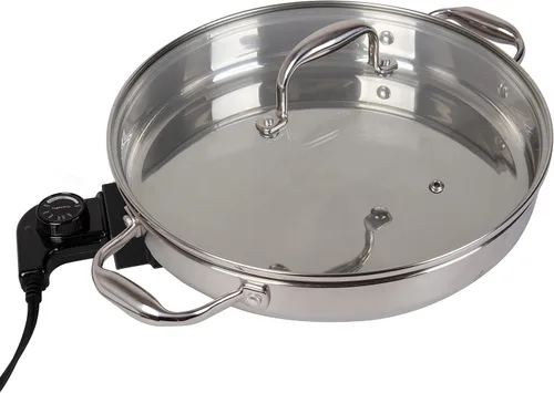 Vista 9 de Cucina Pro - Sartén eléctrica de acero inoxidable 18/10 con tapa de vidrio templado y asas, redonda de 12 pulgadas, perilla de control
